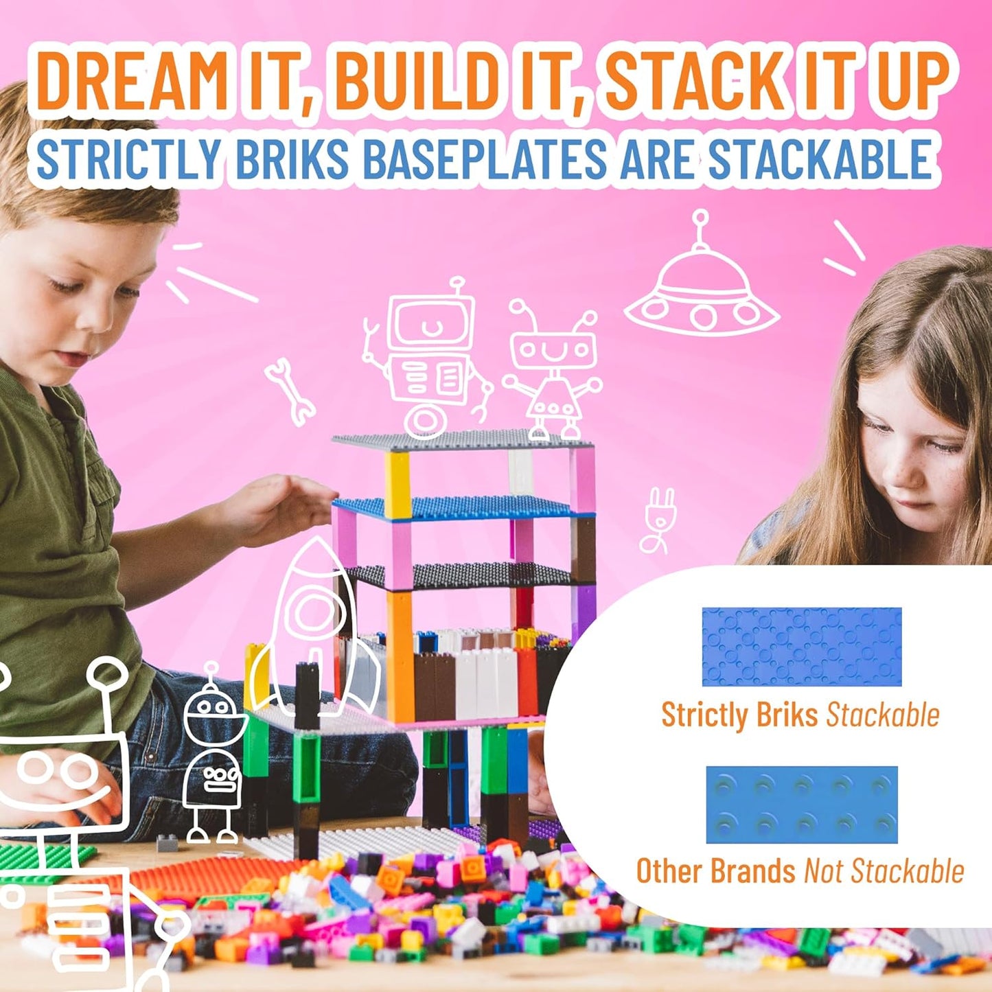 Strictly Briks 4 Pack Classic Stackable Baseplates, Building Bricks Plates with Stackers