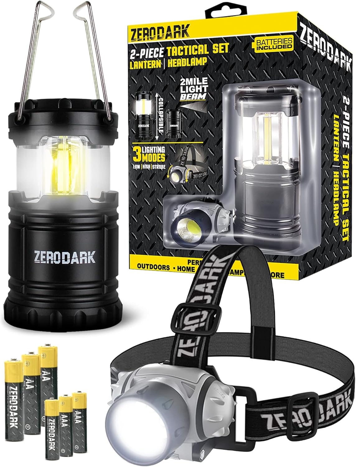 ZeroDark Waterproof Battery Powered LED Headlamp and Lantern Set, Black, 2-Piece