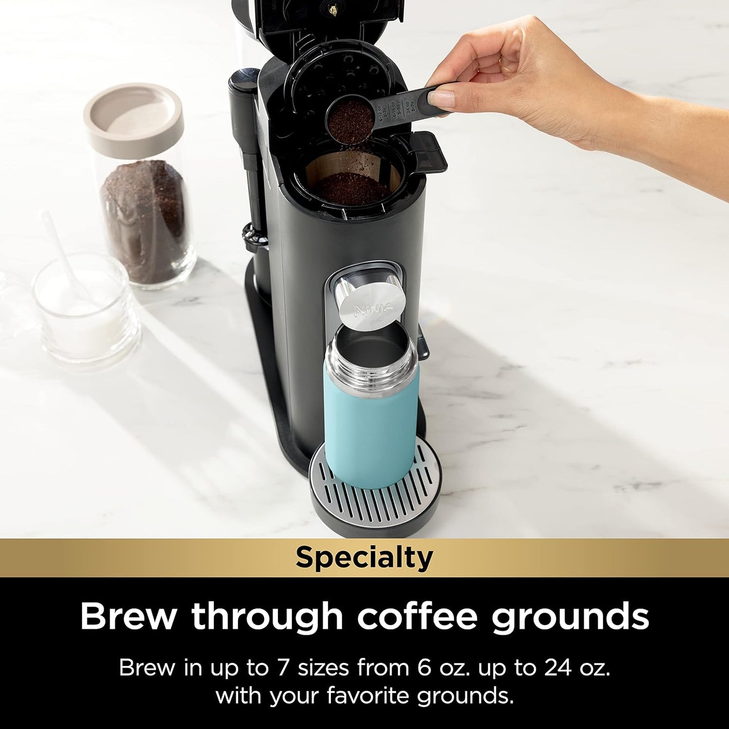 Single-Serve Coffee Maker - K-Cup Pod Compatible, Brews Grounds, Compact Design with Built-In Milk Frother, 56-oz Reservoir, 6-oz to 24-oz Mug Sizes