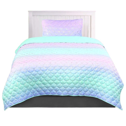 3-Piece Mermaid Quilt Full Size Set Lightweight Iridescent Metallic Quilt and 2 Standard Shams Soft and Durable Bedding