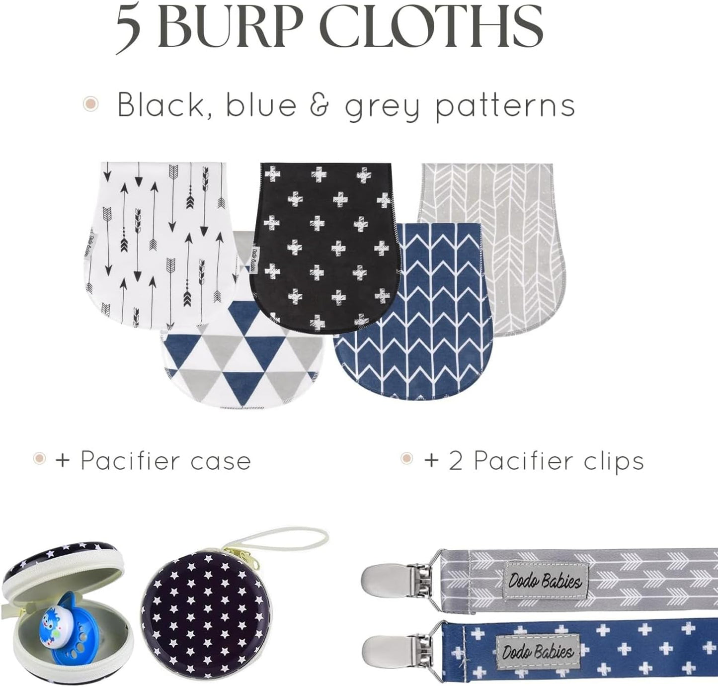 5 Pack Baby Burp Cloths - Soft, Absorbent Cotton Burp Cloths - Black, Blue and Gray