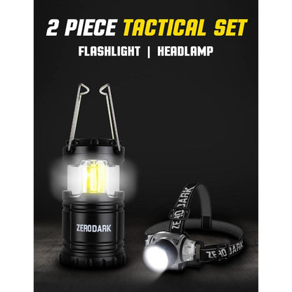 Waterproof Battery-Powered LED Headlamp and Lantern Set, Black, 2-Pack