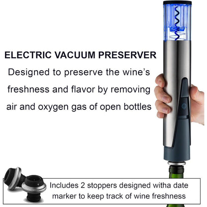 2-in-1 Electric Wine Opener and Preserver Set, Rechargeable Corkscrew with Vacuum Sealer, Foil Cutter, 2 Stoppers, and Charging Base