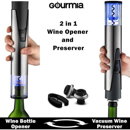 2-in-1 Electric Wine Opener and Preserver Set, Rechargeable Corkscrew with Vacuum Sealer, Foil Cutter, 2 Stoppers, and Charging Base