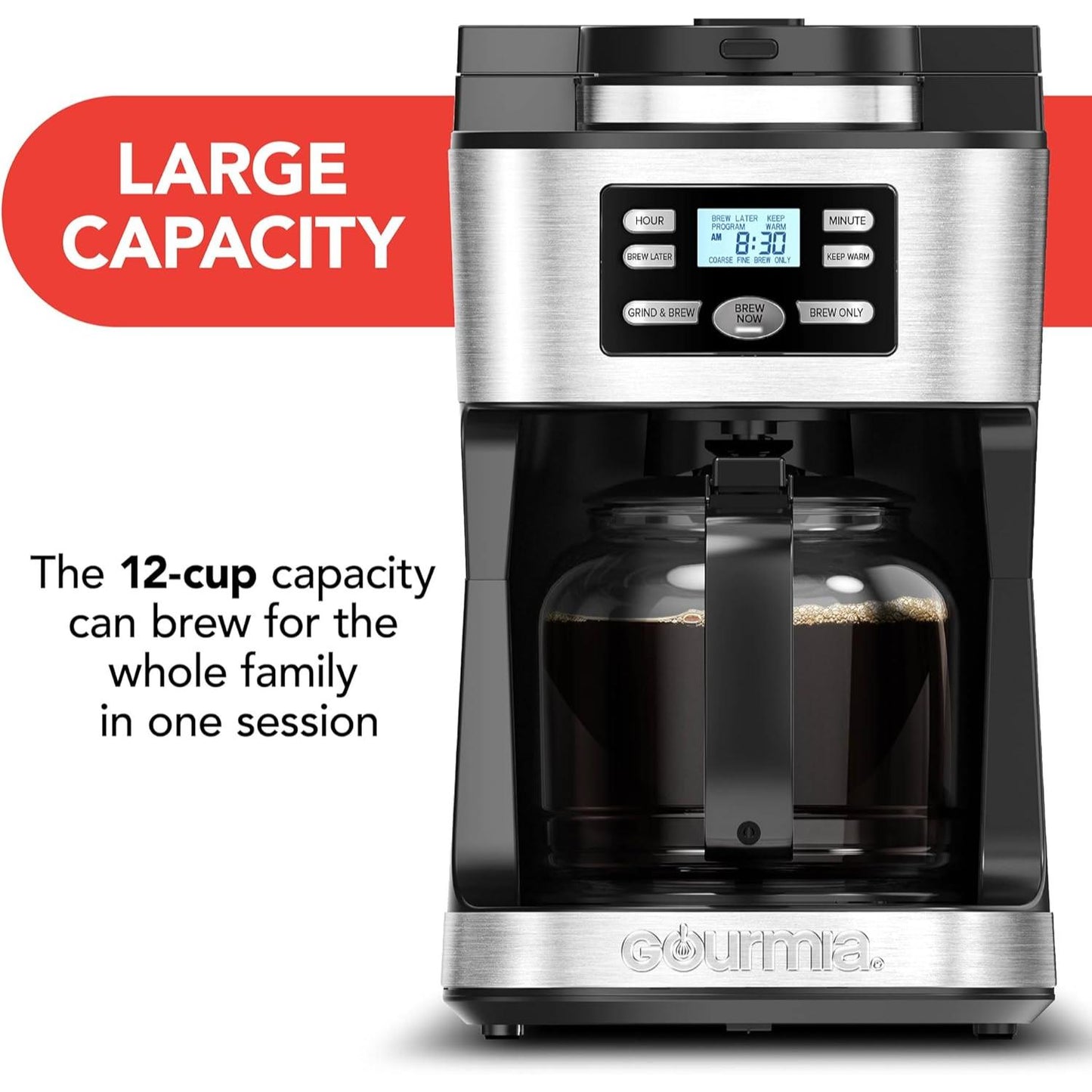 12-Cup Digital Coffee Maker with Built-In Grinder, Stainless Steel Filter, 4-Hour Keep Warm & Freshness Indicator