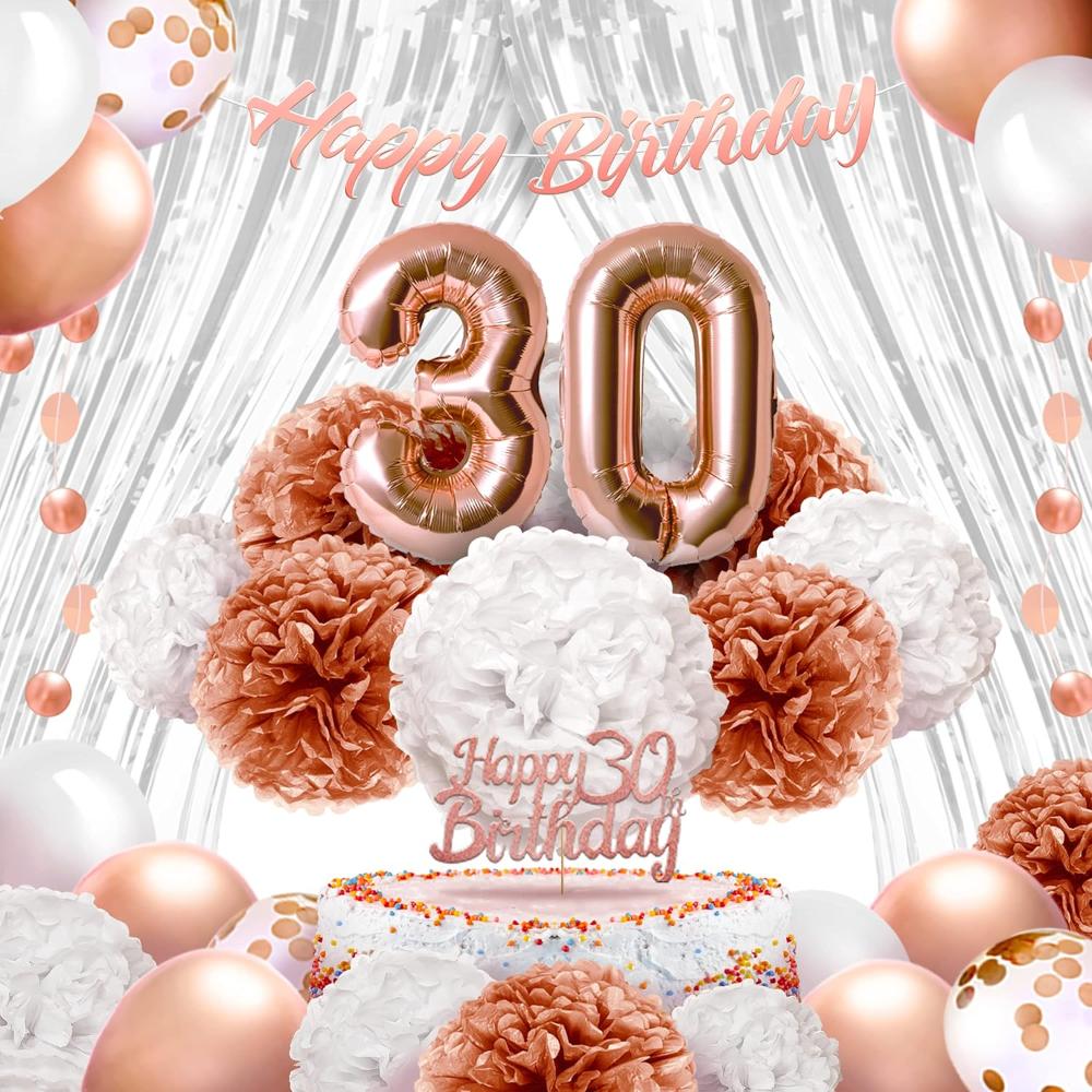 41-Piece Rose Gold 30th Birthday Decorations for Women - Includes Happy Birthday Banner, Cake Topper, Tissue Pom Poms & More - Easy to Set Up - Perfect for Bridal Showers, Baby Showers & More