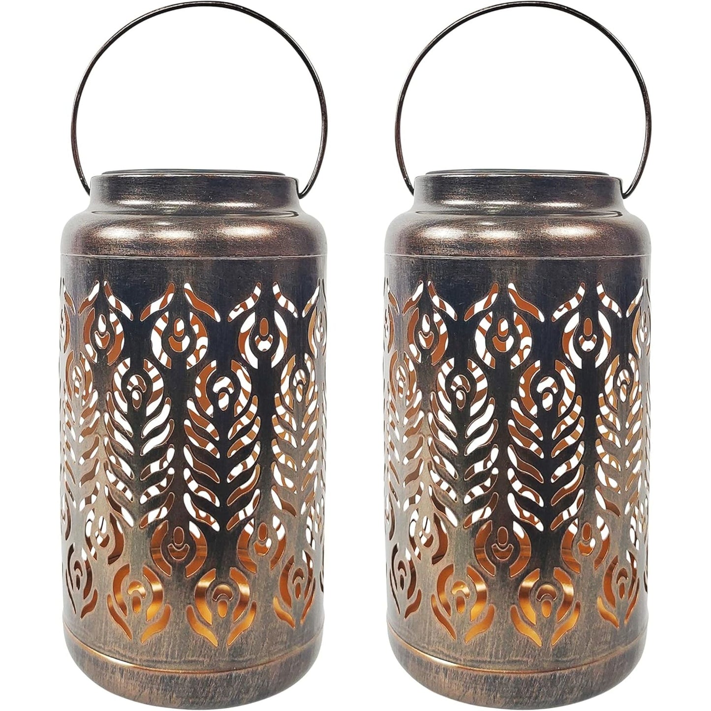 9-Inch Solar LED Lanterns (2-Pack) with Phoenix Feather Design Decorative Waterproof Outdoor Hanging & Tabletop Lights Brushed Bronze Finish