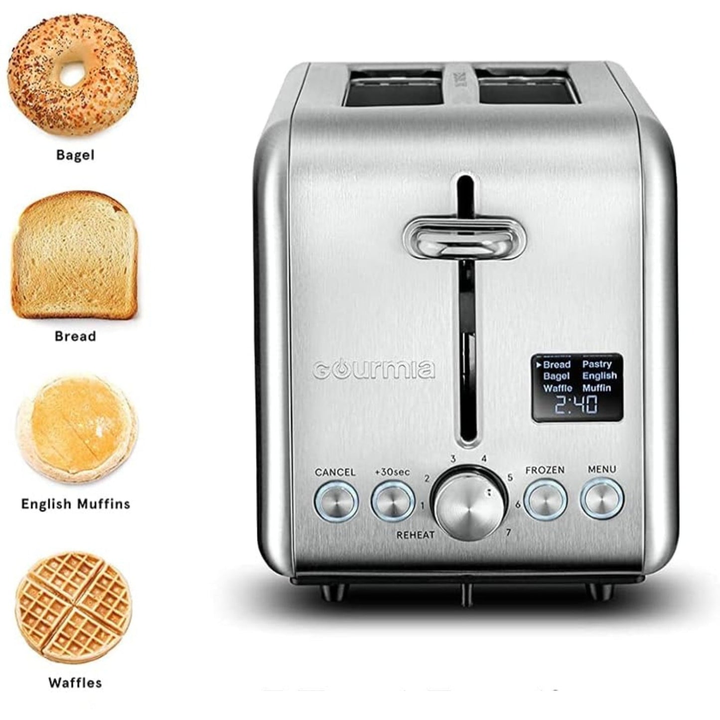 Digital Toaster - Stainless Steel GDT2445, Features 5 Toast Functions (Waffle, English Muffin, Pastry), 7 Shade Settings, Rapid Reheat Mode, and Extra Wide Slots