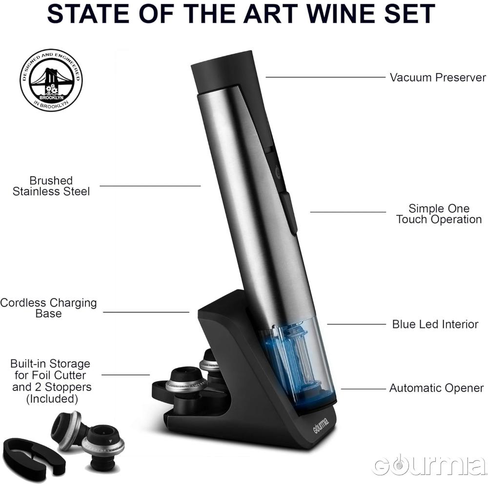 2-in-1 Electric Wine Opener and Preserver Set, Rechargeable Corkscrew with Vacuum Sealer, Foil Cutter, 2 Stoppers, and Charging Base