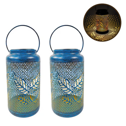 Outdoor Solar LED Lanterns - Set of 2 with Berry Leaf Design, Hand-Painted Finish