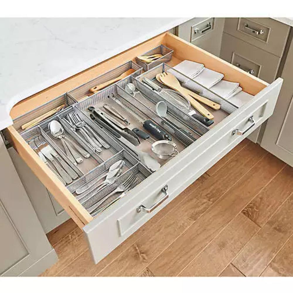 Large Chrome Mesh Kitchen Drawer Organizer - 6 Compartment Cutlery Storage Tray (16x11x2)