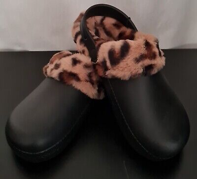 Women's Fur EVA Clog Slipper Black Color Animal Print Size 6